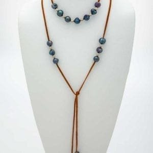 Long Leather Baroque Pearl Lariat Necklace