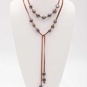 Long Leather Baroque Pearl Lariat Necklace