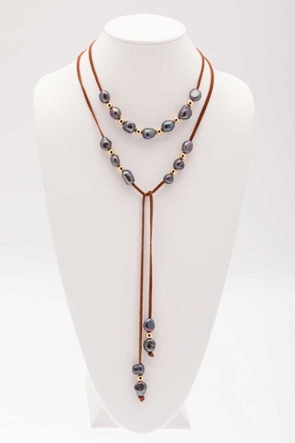 Long Leather Baroque Pearl Lariat Necklace