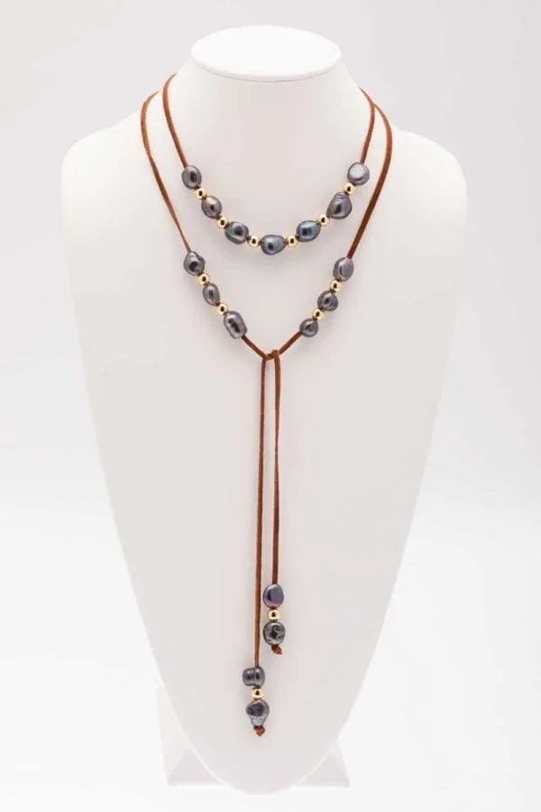 Long Leather Baroque Pearl Lariat Necklace