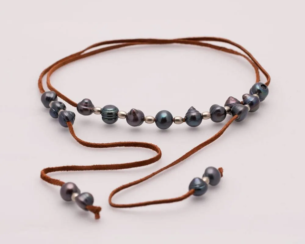 Long Leather Baroque Pearl Lariat Necklace, Boho-Chic with silver beads