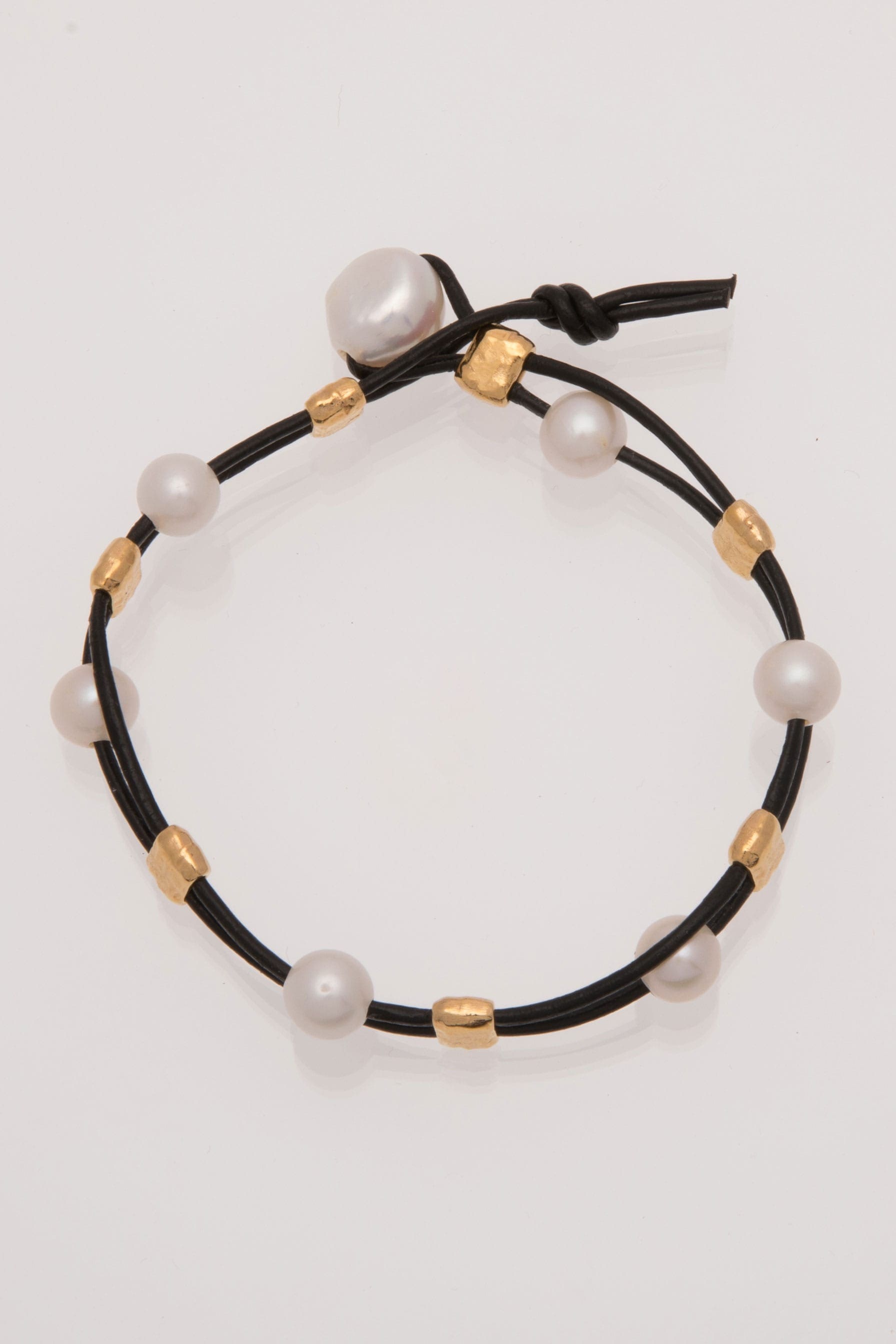 Black Leather and White Pearl Bracelet with Gold Barrel Beads, BOHO ...