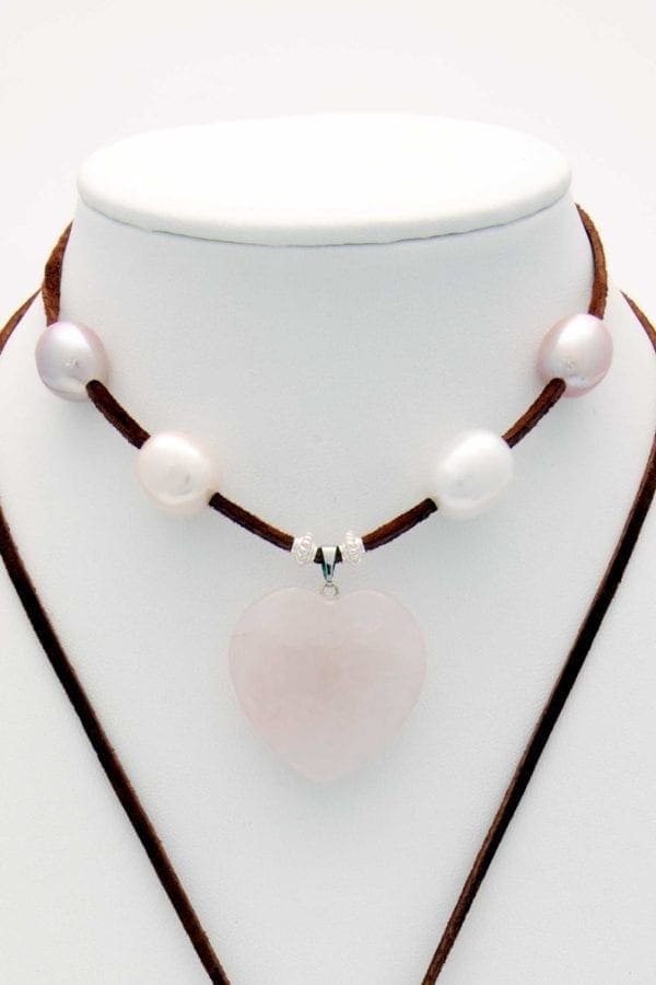 Rose Quartz Heart with 8 Rare Large White/Mauve/Peach Rice Pearls and Silver Beads Lariat