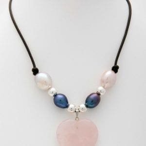 ose Quartz Heart with Silver Beads and Blue and White Large Baroque Pearl Necklace