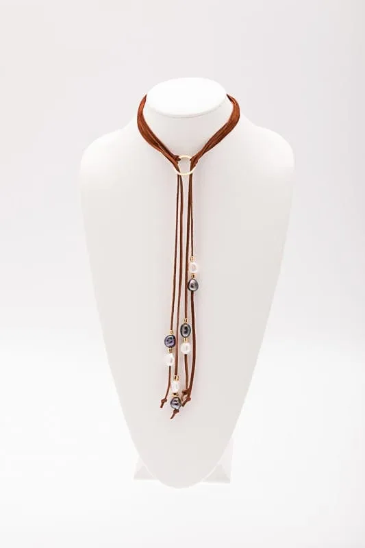 White and Black Pearl Necklace, Freshwater Pearl Leather Necklace, Adjustable Leather Pearl Lariat, Big Baroque Pearls