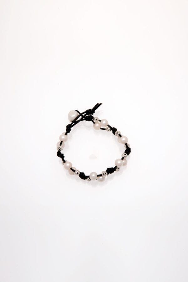 White Freshwater Rice Pearl Bracelet Double Stranded Black Leather with Silver Beads