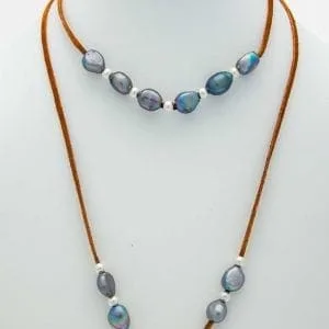 Freshwater Pearl Necklace, Handmade Bohemian Leather Necklace, 12 Freshwater Pearls and Beads Adjustable Leather Lariat Necklace