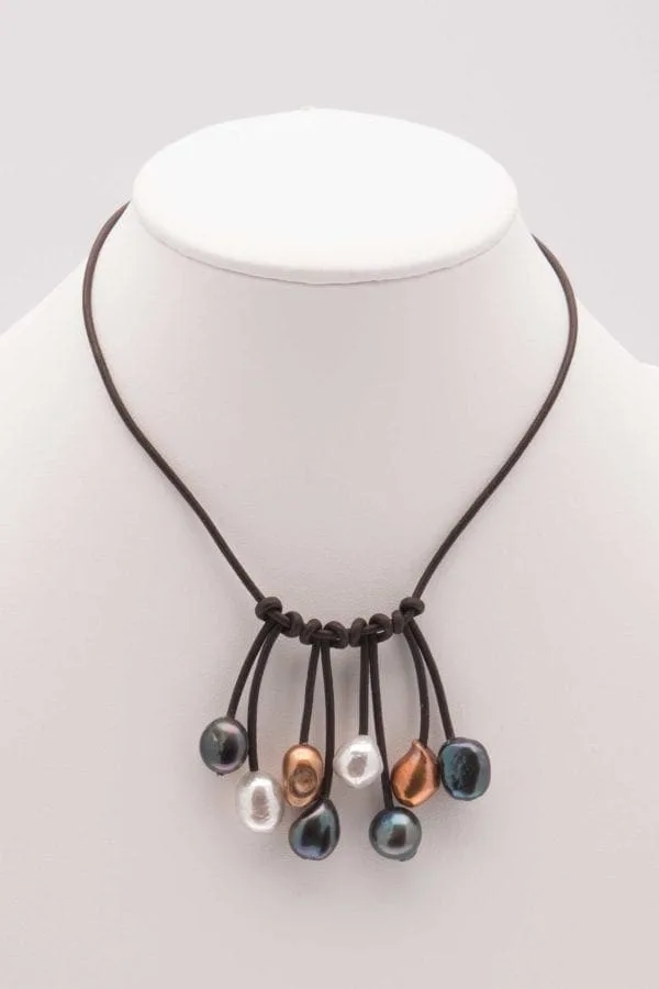 Leather and Pearl Bib Choker, Fringe Bib Style, Dangling Pearls Leather Necklace, Leather and Pearl Jewelry