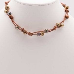 Leather Cord Pearl Choker, Knotted Leather Pearl Choker, Freshwater Pearl Choker, Brown Pearl Choker