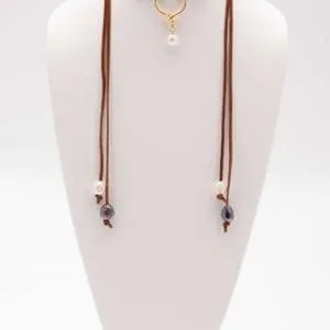 Long Freshwater Pearl and Leather Lariat Necklace, Adjustable Pearl Choker Necklace, Leather and Pearl Jewelry